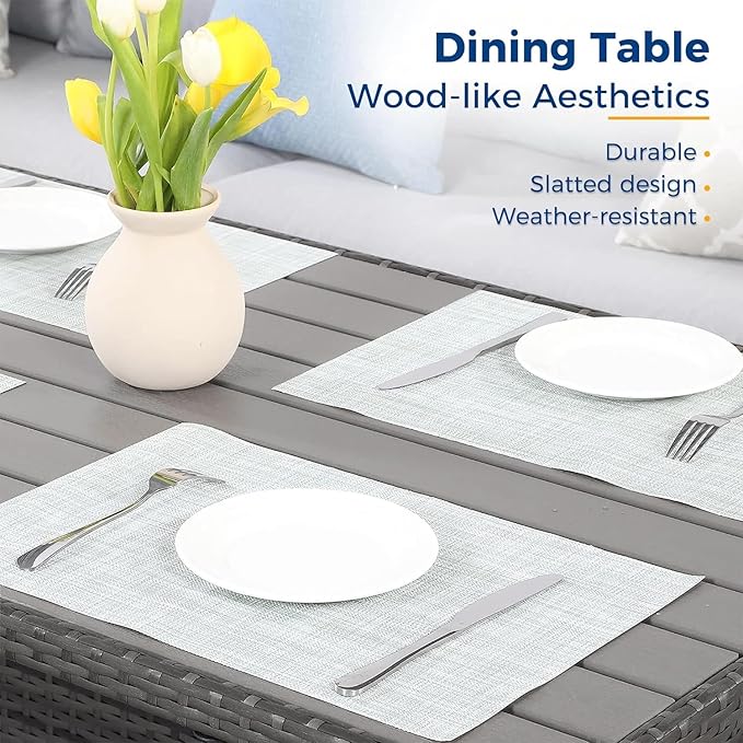 7 Piece Wicker Rattan Outdoor Dining Set with Dining Table and Ottomans, Patio Table and Chairs Set