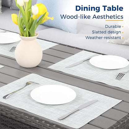 7 Piece Wicker Rattan Outdoor Dining Set with Dining Table and Ottomans, Patio Table and Chairs Set