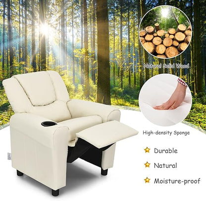 ARLIME Kids Recliner chair, toddler Armchair Upholstered Couch with Cup Holder, Backrest, baby Leather sofa with Headrest and Footrest, Child Furniture for Ages 2-7 (Beige)