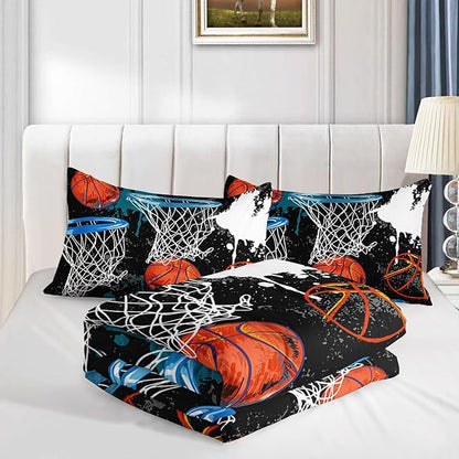 Axolotl Basketball Comforter Set Twin,Sports Comforter Set,Basketball Bedding Set,Sports Theme Comforter Set,Grunge Bedding Aesthetic Cool Style for Boys Kids Men,1 Quilt 2 Pillowcases,Black Blue