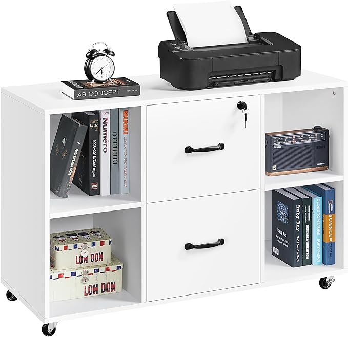 Yaheetech White File Cabinet Mobile Letter Size File Cabinet with 2 Drawers and 4 Open Storage Shelves Large Mobile Lateral Filing Cabinet Printer Stand for Home and Office