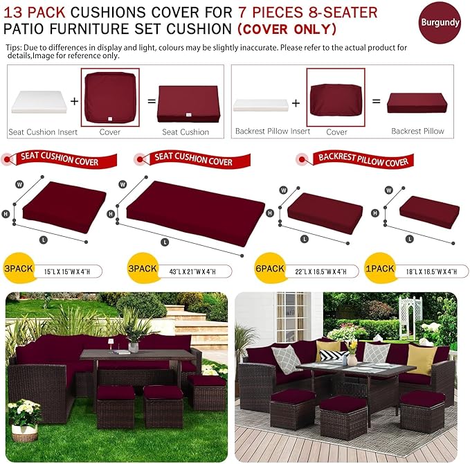 ClawsCover 13Pack Outdoor Seat and Back Cushions Replacement Covers Fit for 7Pieces Wicker Rattan Patio Furniture Set Sectional Couch with Dining Table and Ottoman,Burgundy-Include Cover Only