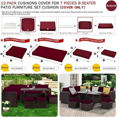 ClawsCover 13Pack Outdoor Seat and Back Cushions Replacement Covers Fit for 7Pieces Wicker Rattan Patio Furniture Set Sectional Couch with Dining Table and Ottoman,Burgundy-Include Cover Only