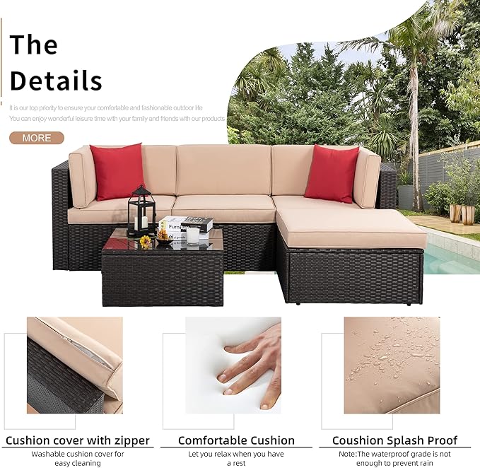 Shintenchi 5 Pieces Patio Furniture Sets Outdoor All-Weather Sectional Patio Sofa Set PE Rattan Manual Weaving Wicker Patio Conversation Set with Glass Table&Ottoman Cushion and Red Pillows