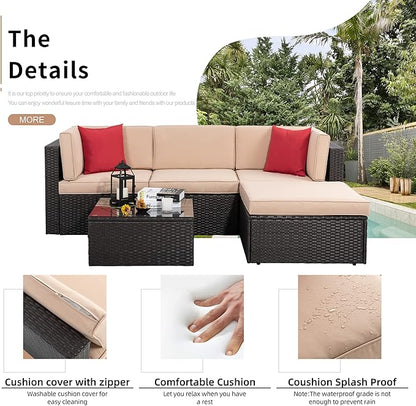 Shintenchi 5 Pieces Patio Furniture Sets Outdoor All-Weather Sectional Patio Sofa Set PE Rattan Manual Weaving Wicker Patio Conversation Set with Glass Table&Ottoman Cushion and Red Pillows