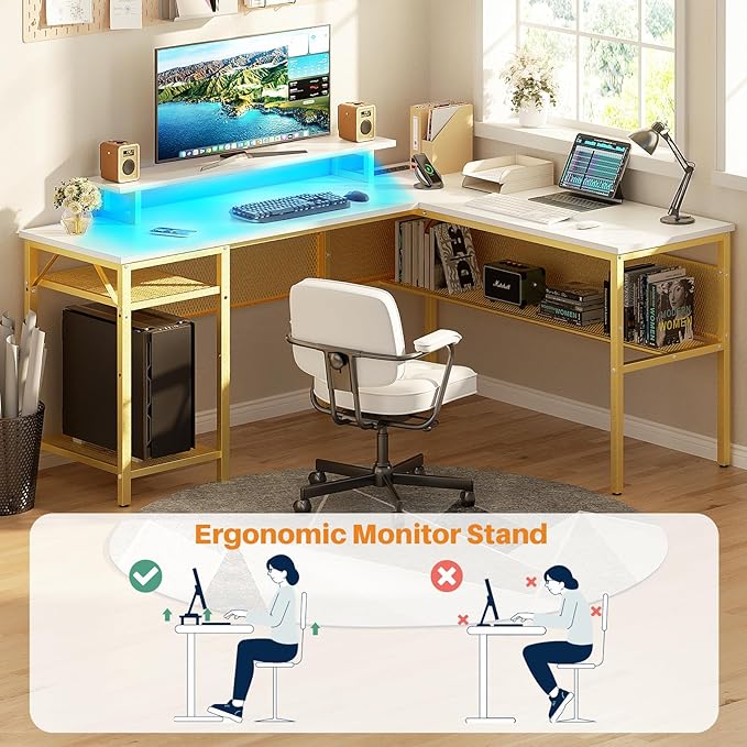 Reversible L Shaped Computer Desk with Power Outlet & Monitor Stand, 55 Inch Office Desk with RGB LED Light, Sturdy Corner Desk with Storage Shelf, Gaming Table, Easy to Assemble, White