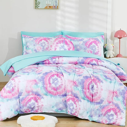 Mooreeke Tie Dye Kids Comforter Bed Set Full Size for s Girls, 8 Pieces Bed in a Bag with Shams, Sheet Set, A Toy Pillow Dark Pink Round Flower Full Soft Microfiber Kids Comforter Bedding Set