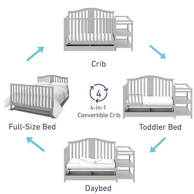Graco Solano 4-in-1 Convertible Crib and Changer with Drawer (Pebble Gray) – Crib and Changing Table Combo with Drawer, Includes Changing Pad, Converts to Toddler Bed, Daybed and Full-Size Bed