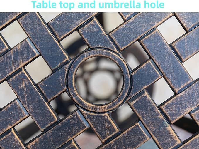Bistro Set 3 Piece Rustproof Cast Aluminum Patio Furniture Sets Round Table with Umbrella Hole for Outdoor, Patio, Balcony, Bronze