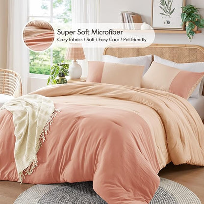 Pink King Size Comforter Set - Modern Farmhouse Soft Comforter Sets for Women, Colorblock Pattern Bed Sets for All Season, 3 Pieces includes 1 Comforter, 2 Shams (104"x 90")