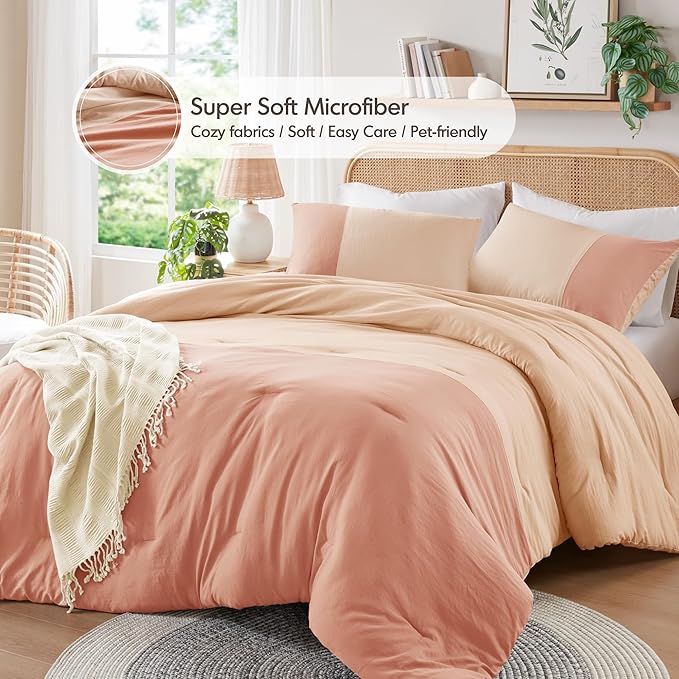 Pink Comforter Set Queen - Full Size Comforter Sets for Women, Modern Farmhouse Soft Bedding, Colorblock Pattern Bed Sets for All Season, 3 Pieces includes 1 Comforter, 2 Shams (90"x 90")