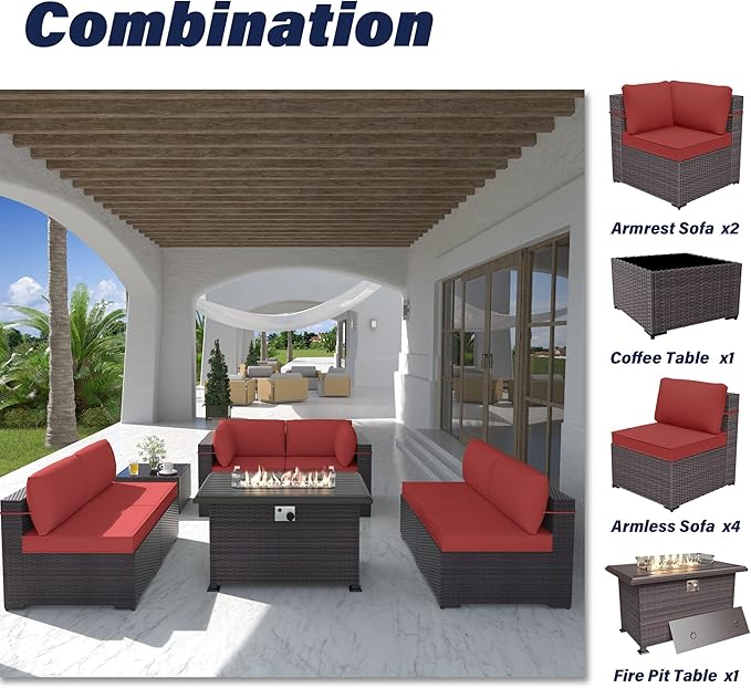 Patio Furniture Set with Fire Pit Table 8 PCS Outdoor Sectional Furniture Outdoor Rattan Patio Conversation Sets with 43in 55,000 BTU Propane Gas Fire Pit Table Glass Table, Red