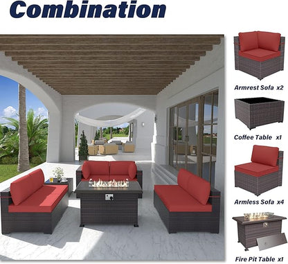Patio Furniture Set with Fire Pit Table 8 PCS Outdoor Sectional Furniture Outdoor Rattan Patio Conversation Sets with 43in 55,000 BTU Propane Gas Fire Pit Table Glass Table, Red
