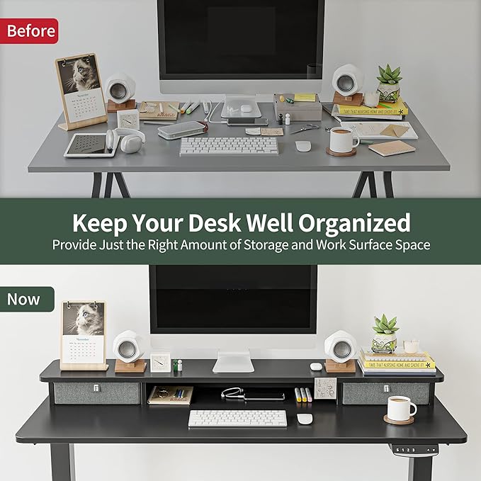 FEZIBO 40 x 24 Inch Height Adjustable Electric Standing Desk with Double Drawer, Stand Up Desk with Storage Shelf, Sit Stand Desk, Black
