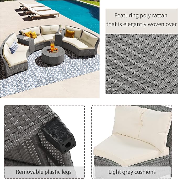 9 Pieces Outdoor Furniture Half Moon Wicker Patio Sets with Coffee Table, All-Weather Fan-Shaped Curved Sectional Sofa Couch with Beige Cushions, Onesize, Gray Rattan
