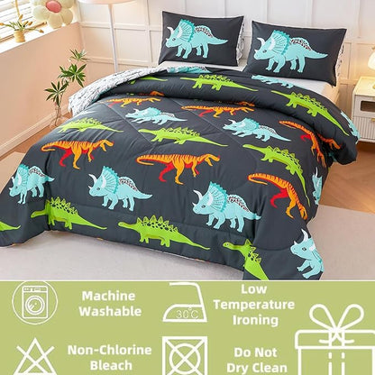 RYNGHIPY Dinosaur Bedding Set Full Size Dinosaur Kids Comforter Set for Boys Girls Soft Breathable Cute Dinosaur Bed Set for All Season (Black,Full)