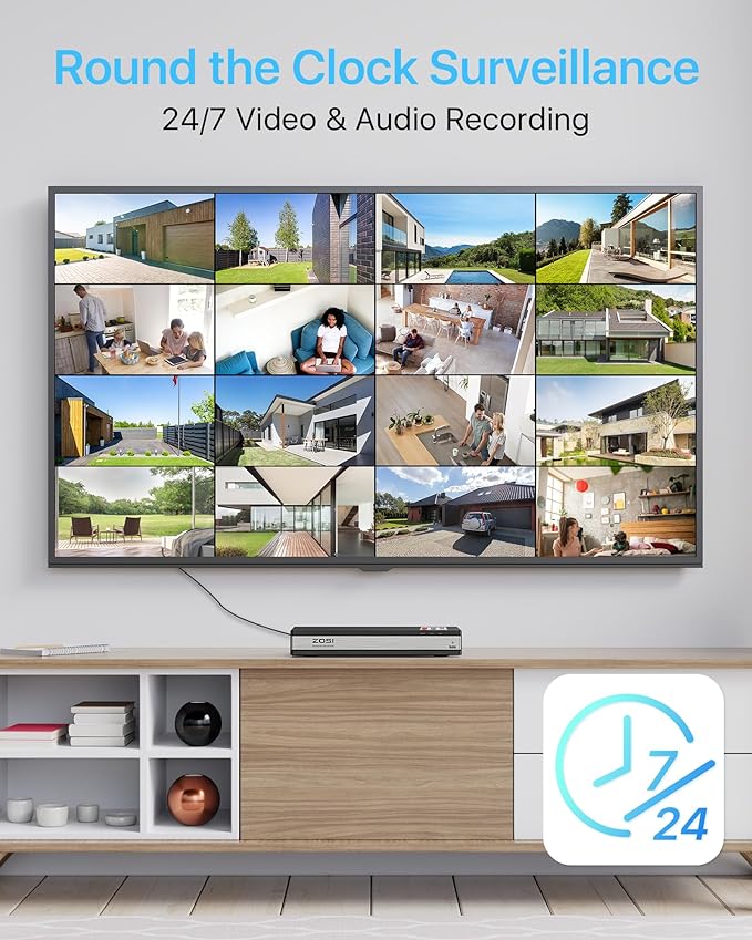 ZOSI 16CH 4K PoE Security Camera System with Person Vehicle Detection,2 Way Audio,Color Night Vision,16Channel 8MP PoE NVR Recorder with 4TB HDD,8pcs 5MP Indoor Outdoor IP Cameras,for 24/7 Recording