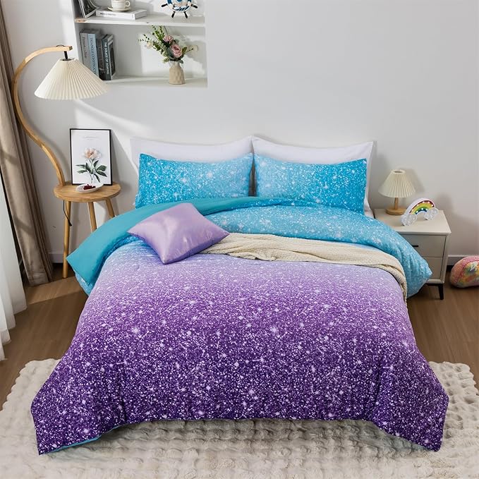 Holawakaka Kids Space Star Glitter Comforter Set Queen Size Girls Ombre Blue & Purple Print Gradient Teens Bedding Set Teens Galaxy Bed Sets (Blue purple, Full)