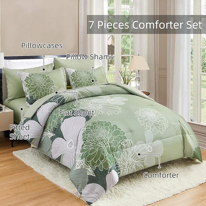 Yiran 7 Pieces Bed in a Bag Green Comforter Set Queen Floral Comforter Soft Microfiber Bedding Set with 1 Comforter 1 Flat Sheet 1 Fitted Sheet 2 Pillowshams and 2 Pillowcases