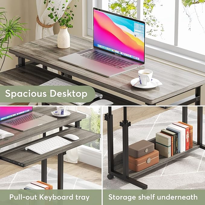 Tribesigns Portable Desk for Sofa and Bed, Height Adjustable Mobile Laptop Table Small Standing Desk Rolling Computer Cart with Keyboard Tray on Wheels for Home Office (Grey)
