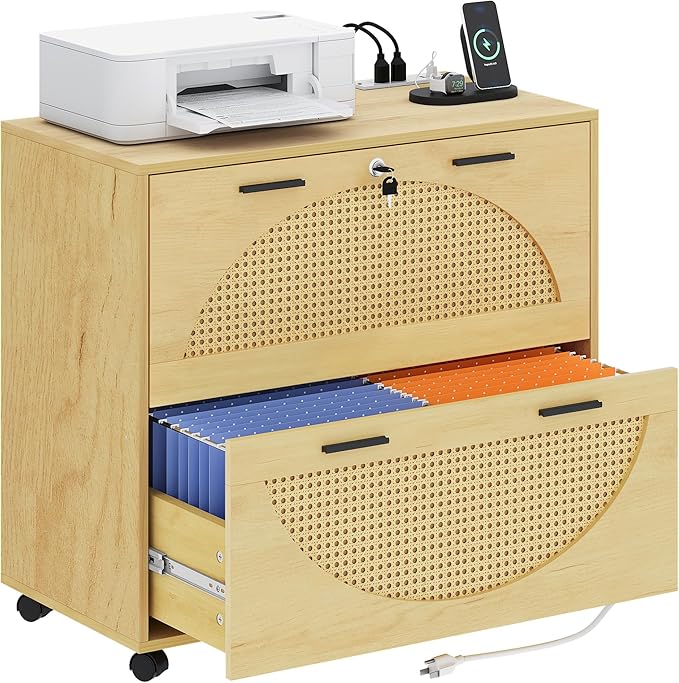 YITAHOME 2 Drawer File Cabinet with Charging Station, Rattan Filing Cabinet with Lock, Wood File Cabinet with Wheels, Home Office Furniture Fits A4, Letter, Legal Size Files
