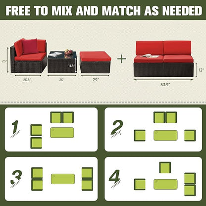 Greesum 2 Piece Patio Conversation Set Wicker Rattan Furniture Outdoor Sofa with Cushions,Pillows and Glass Table for Porch,Lawn and Yard, Red