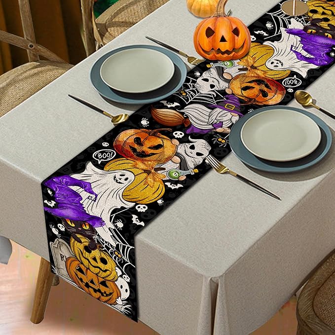 Halloween Table Runner 108 Inches Long Pumpkin Black Cat Halloween Table Runners Happy Halloween Boo Ghost Theme Decor for Kitchen Dining Table Home Party Decorations