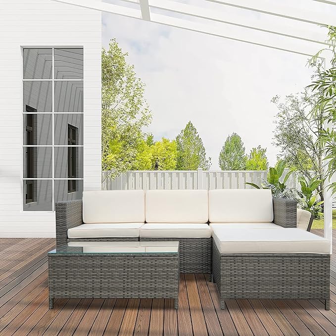 5 Piece Outdoor Patio Sectional Furniture Set, Weather Resistant Rattan Outside Couch, Waterproof Conversation Sofa for Balcony, Porch, Backyard, Deck, Garden,Beige