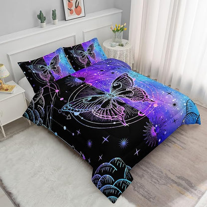 Datura home Black Blue Butterfly Comforter Set for Girls Women,Boho Butterfly Sun and Moon Mandala Printed Bedding Set with 2 Pillowcases(Black Blue Queen)