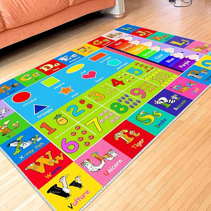 Kids Alphabet Play Game Rug - 3' x 5' ABC Numbers and Shapes Educational Learning Toddler Carpet - Kids Room Playroom Classroom Kindergarten Activity Fun Soft Non-Slip Mat