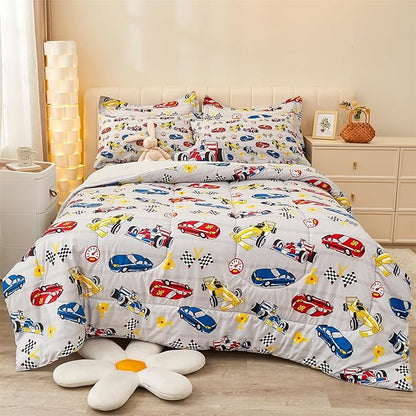Mooreeke Queen Size Comforter Sets for Boys Kids, 8 Pieces Bed in a Bag Racing Car Bedding Comforter Sheet Set with Shams and Decorative Toy Pillow, Ultral Soft Microfiber Kids Bed Set