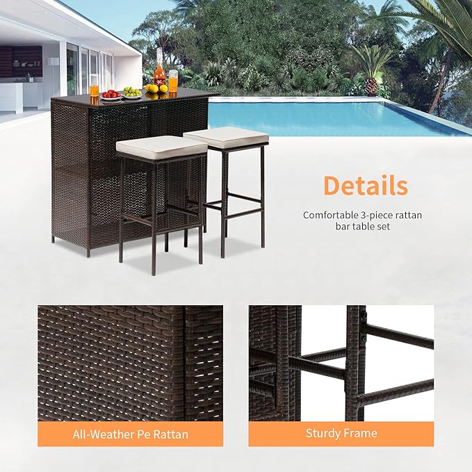 Wicker Patio Furniture 3 Piece Patio Set Chairs Wicker Outdoor Rattan Conversation Sets Bistro Set Coffee Table for Yard or Backyard