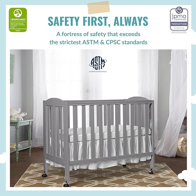 3 in 1 Portable Folding Stationary Side Crib in Steel Grey, Greenguard Gold Certified, Safety Wheels with Locking Casters, Convertible, 3 Mattress Heights