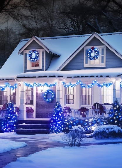Minetom Solar Christmas Lights Outdoor Waterproof, 40FT 100 LED Solar Lights with 8 Modes, Solar Christmas Outdoor Decoration, Solar String Lights for Outside House Tree Party Yard, Blue& Pure White