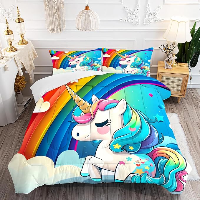 Rainbow Unicorn Bedding Sets Queen Size Comforter Set for Girls Kids Children Teens Boys Cartoon Unicorn Colorful Starry Blue Glitter Quilt 1 Comforter + 2 Pillow Cases