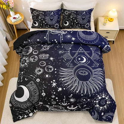 Holawakaka Stars Moon Constellation Print Comforter Set Queen Size Girls Boys Witchy Astrology Zodiac Celestial Bedding Set (Navy Blue, Queen)