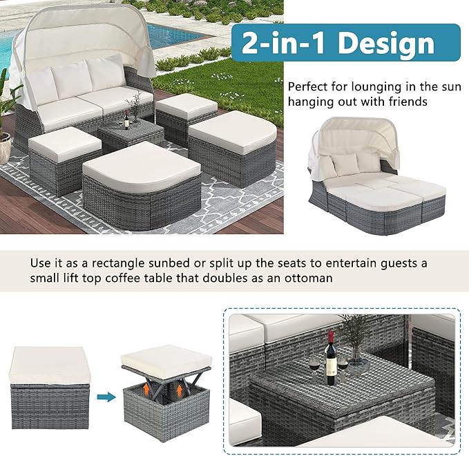 Rectangle Furniture Daybed Sunbed with Retractable Canopy, Outdoor Wicker Conversation Set with Cushions for Patio, Backyard, Porch, Garden, Hc-Beige