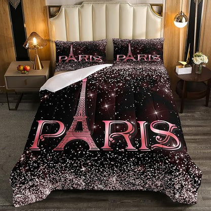 Erosebridal Eiffel Tower Comforter Set Full Size, Paris France Duvet Sets for Kids Teens Adult Women Bedroom Decor Starry Sky Bling Bedding Set City Building Quilted Duvet with 2 Pillow Cases