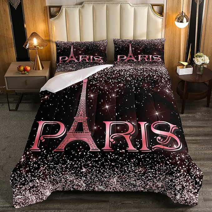 Erosebridal Eiffel Tower Comforter Set King Size, Paris France Duvet Sets for Kids Teens Adult Women Bedroom Decor Starry Sky Bling Bedding Set City Building Quilted Duvet with 2 Pillow Cases