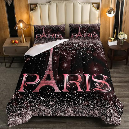 Erosebridal Eiffel Tower Comforter Set King Size, Paris France Duvet Sets for Kids Teens Adult Women Bedroom Decor Starry Sky Bling Bedding Set City Building Quilted Duvet with 2 Pillow Cases