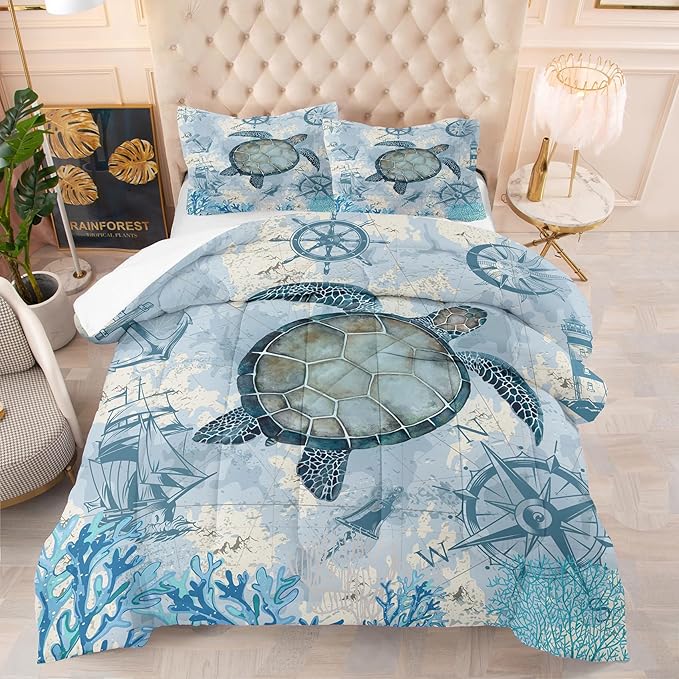NINENINE Sea Turtle Comforter Set Twin Size for Kids Girls Boys,Ocean Themed Turtle Printed Aqua Blue Bedding Coral Sailboat Bed Set with 1 Comforter 1Pillowcase…