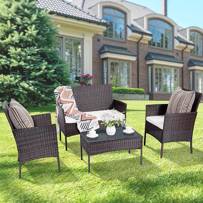 Patio Furniture Set,4 Piece Garden Conversation Set, Outdoor Wicker Rattan Table and Chairs, Black Patio Set, Sectional Sofa with Thick Cushion for Garden, Yard, or Porch (Brown/Beige)