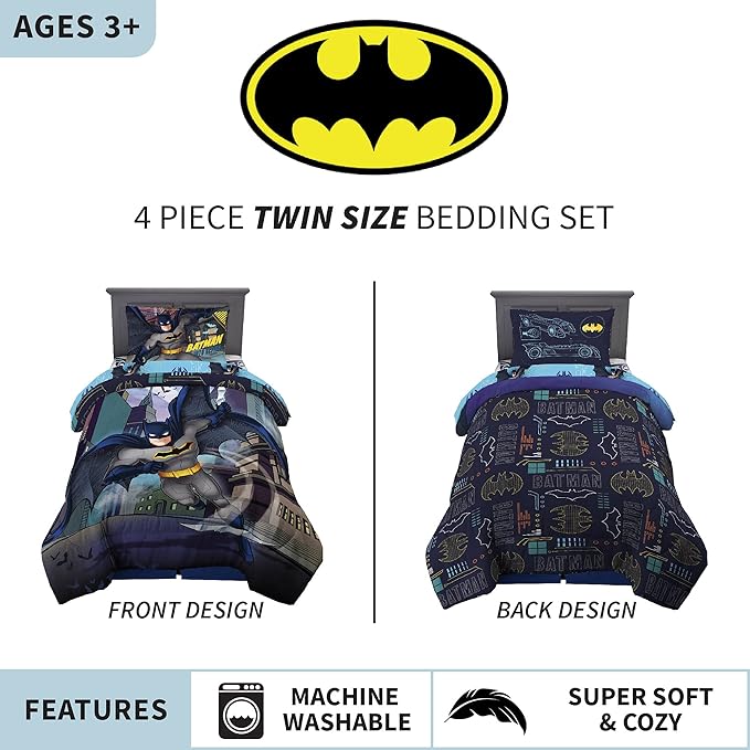 Franco Kids Bedding Super Soft Comforter and Sheet Set, 4 Piece Twin Size, Batman