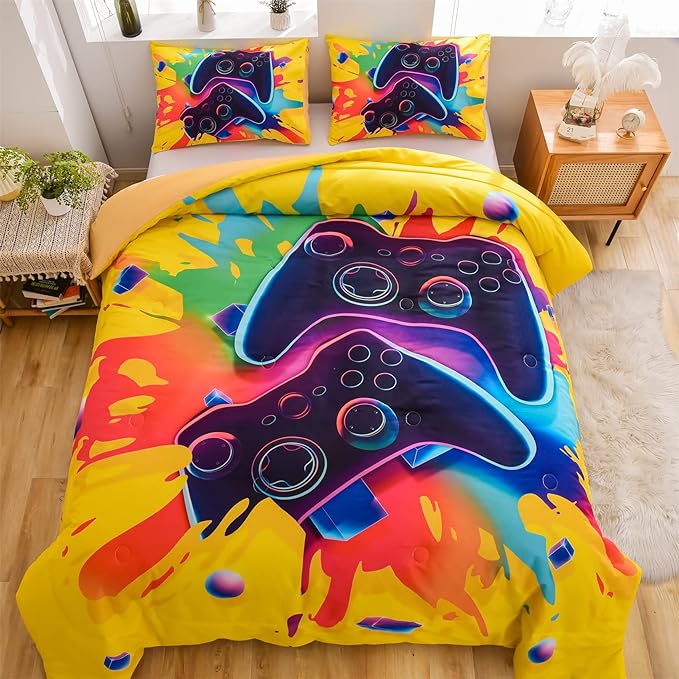 Aimuan Gamer Gaming Bedding Sets 3D Gamepad Comforter Sets for Boys Games Console Action Buttons Novelty Colorful Game Controller Modern Room Decor Home Quilt Set (Queen, Yellow)