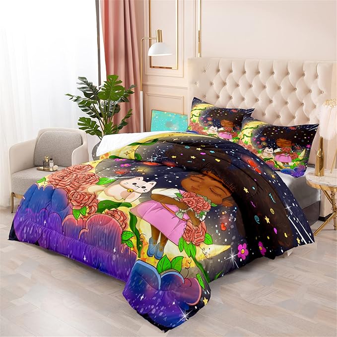 3Pcs Black Girl Bedding Set - Black Girl Twin Bedding Set for Girls, Ultra Soft Microfiber African Black Girls Room Set, Black Girls Twin Comforter Set for Girls, Full (1 Comforter 1 Pillowcases)