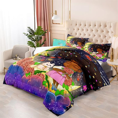 3Pcs Black Girl Bedding Set - Black Girl Twin Bedding Set for Girls, Ultra Soft Microfiber African Black Girls Room Set, Black Girls Twin Comforter Set for Girls, Full (1 Comforter 1 Pillowcases)