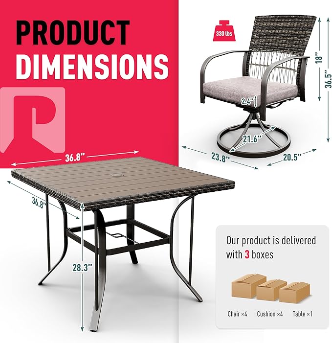Pamapic 5 Piece Outdoor Dining Set, Rattan Outdoor Patio Furniture Set for Deck Backyard with Plastic-Wood Outdoor Dining Table, 4 Swivel Outdoor Dining Chairs and Removable Cushions (Gray)