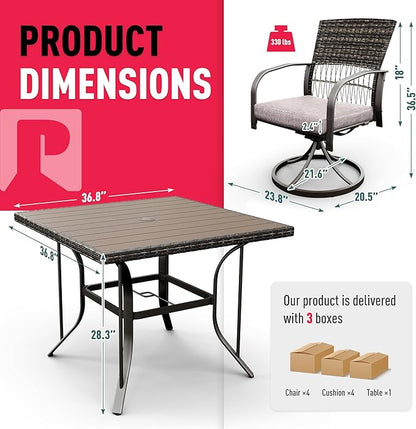 Pamapic 5 Piece Outdoor Dining Set, Rattan Outdoor Patio Furniture Set for Deck Backyard with Plastic-Wood Outdoor Dining Table, 4 Swivel Outdoor Dining Chairs and Removable Cushions (Gray)
