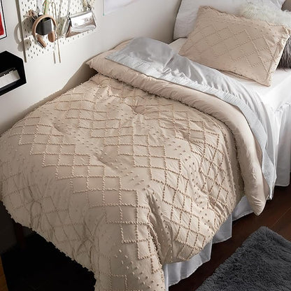 Bedsure Twin/Twin XL Comforter Set - Warm Tan Boho Twin Extra Long Comforter Set for College, Shabby Chic Dorm Bedding Set, 2 Pieces Modern Farmhouse Bed Set, includes 1 Pillow Sham
