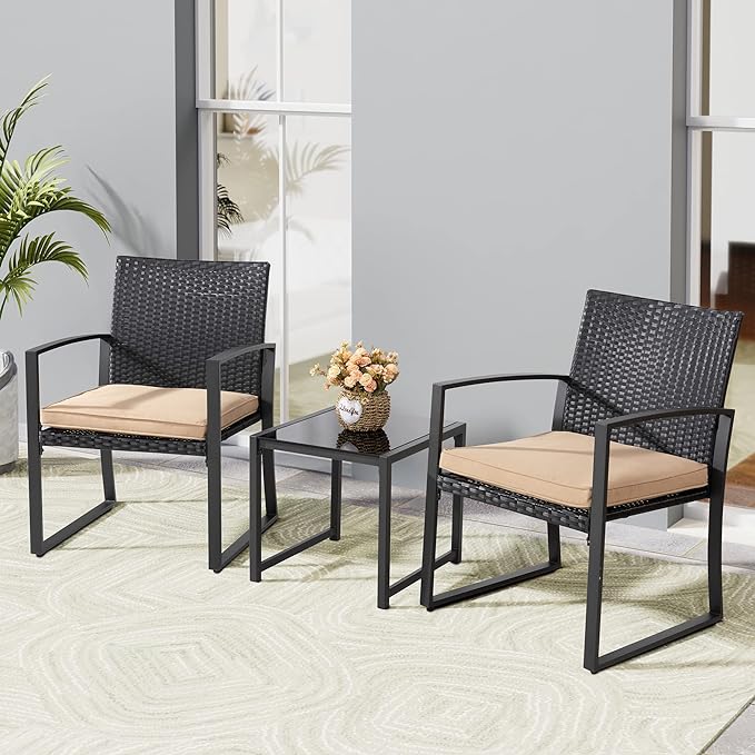 Shintenchi 3 Pieces Outdoor Patio Furniture Set, Modern Wicker Bistro Set, Conversation Rattan Chair of 2 with Coffee Table for Yard Porch Poolside Lawn(Khaki Cushion)